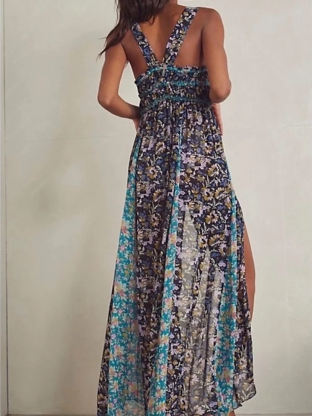Free People Floral Print Blue Chemise Maxi Slip with Slit - Picture 2 of 9